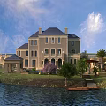 Elegant Detached Villa With Gray Roof Multiple Windows Trees And Waterfront Lawn
