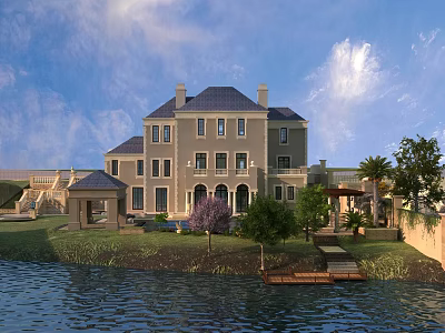 Elegant Detached Villa With Gray Roof Multiple Windows Trees And Waterfront Lawn 3d model