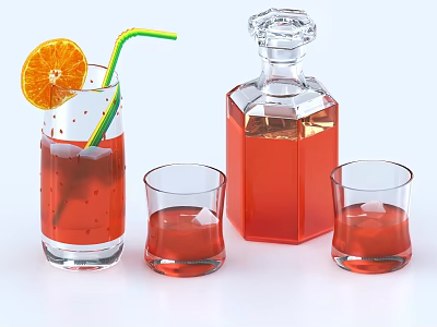 Beverage In Glass With Red Liquid Straw Orange Slice Glass Bottle And Small Glasses 3d model