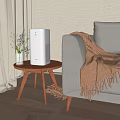 White Air Purifier On Wooden Side Table In Cozy Living Room With Vase And Sofa
