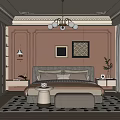 Elegant Bedroom Interior With Upholstered Headboard Framed Artworks Chandelier Black White Patterned Rug And Large Windows