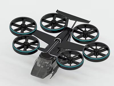 Futuristic Black Helicopter With Six Rotors And Blue Accent Rings Modern Design 3d model