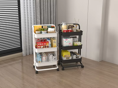White and Black Multi Tier Storage Carts with Wheels for Kitchen Supplies and Food Items 3d model