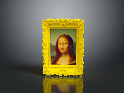 Ornate Yellow Framed Mona Lisa Painting On Dark Background With Reflection 3d model
