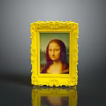 Ornate Yellow Framed Mona Lisa Painting On Dark Background With Reflection
