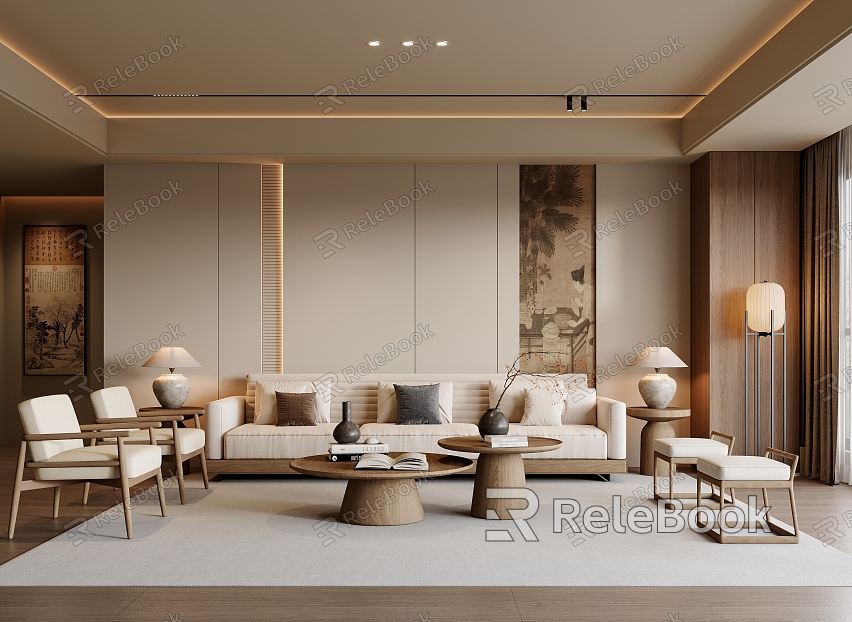 New Chinese Song Style Living Room Sofa Coffee Table Combination Leisure Chair Solid Wood Stool Floor Lamp Mural Table Lamp Dried Flower model