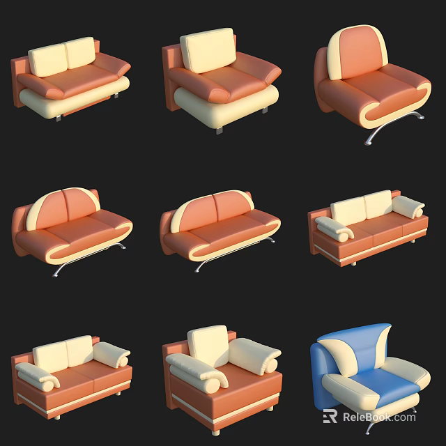 Casual Leisure Sofa Set for Living Room with Orange Blue White Upholstery Modern Design 3d model 