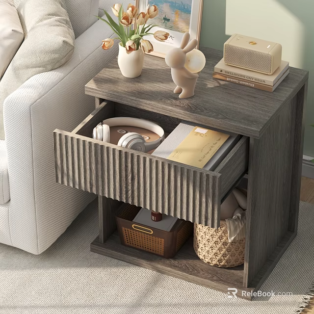 Wooden Nightstand With Open Drawer Holding Headphones Notebook And Decorative Items On Top In Bedroom 3d model 