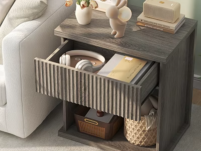 Wooden Nightstand With Open Drawer Holding Headphones Notebook And Decorative Items On Top In Bedroom 3d model