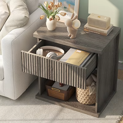 Wooden Nightstand With Open Drawer Holding Headphones Notebook And Decorative Items On Top In Bedroom 3d model