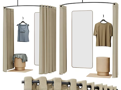 Hanging Clothes Display with Curtains Mirrors and Fabric Storage Stools Setup 3d model