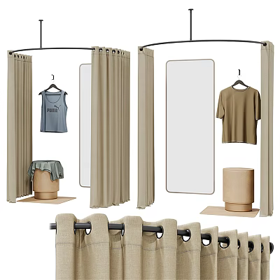 Hanging Clothes Display with Curtains Mirrors and Fabric Storage Stools Setup 3d model