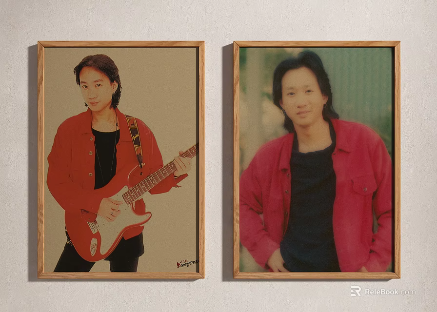 Portrait Paintings of Man in Red Jacket with Guitar and Hands in Pockets Wooden Frames 3d model 