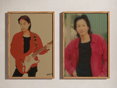 Portrait Paintings of Man in Red Jacket with Guitar and Hands in Pockets Wooden Frames 3d model