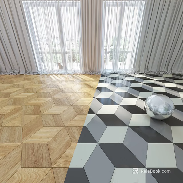 Geometric Design Wooden Flooring With Sunlight Through Large Windows Curtains And Silver Sphere 3d model 