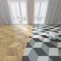 Geometric Design Wooden Flooring With Sunlight Through Large Windows Curtains And Silver Sphere