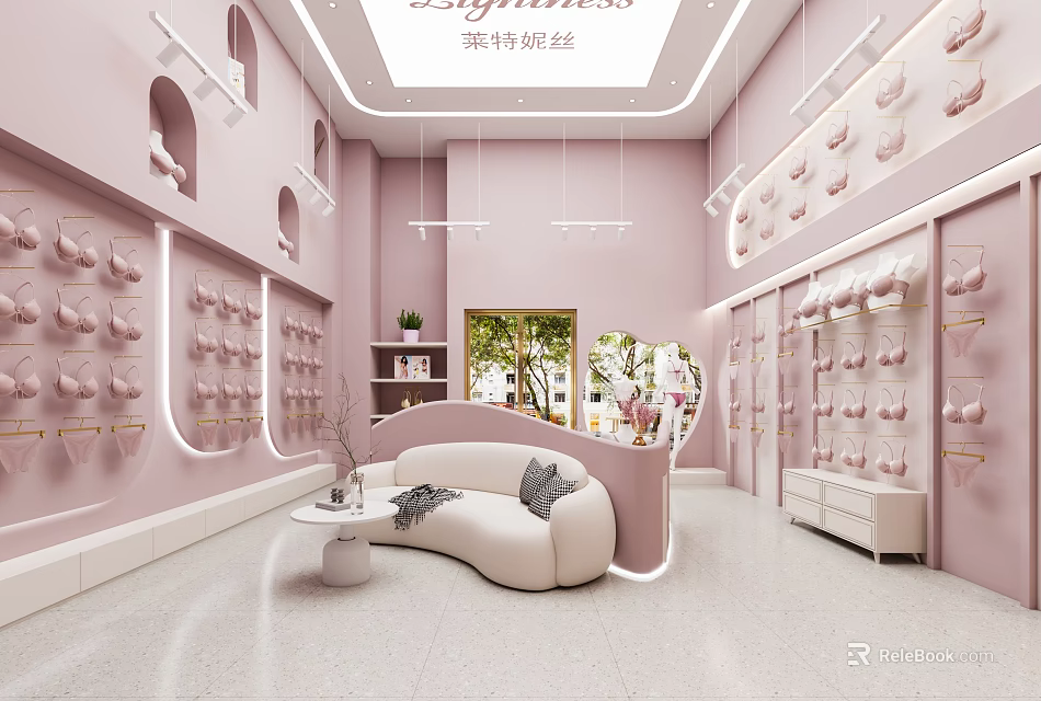 Pink Themed Lingerie Store Interior With Cozy Curved Sofa And Lingerie Displays 3d model 