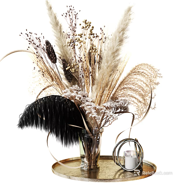 Transparent Glass Vase With Dried Flowers Feather And Pampas Grass On Golden Tray 3d model 