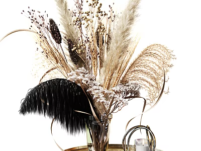Transparent Glass Vase With Dried Flowers Feather And Pampas Grass On Golden Tray 3d model