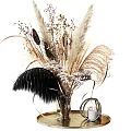 Transparent Glass Vase With Dried Flowers Feather And Pampas Grass On Golden Tray