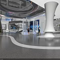 Modern Exhibition Hall Interior With Spiral Staircase White Column And Starry Sky Ceiling