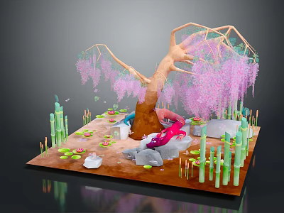 Enchanting Mythical Creature Resting Under Tree With Pink Hanging Branches Bamboo And Lily Pads 3d model