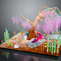 Enchanting Mythical Creature Resting Under Tree With Pink Hanging Branches Bamboo And Lily Pads