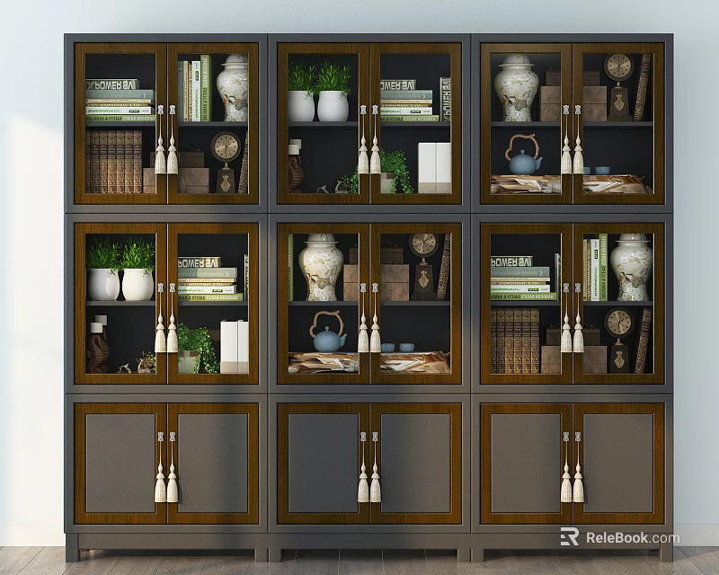 Stylish Multi Compartment Bookcase With Books Vases Green Plants And Sculptures 3d model 