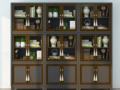 Stylish Multi Compartment Bookcase With Books Vases Green Plants And Sculptures 3d model