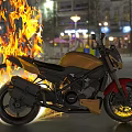 Gold and Red Motorcycle With Flames and Sparks on Night Street Against Illuminated City Buildings