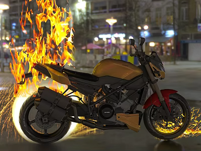 Gold and Red Motorcycle With Flames and Sparks on Night Street Against Illuminated City Buildings 3d model