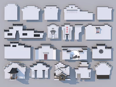 Traditional Chinese Scenic Wall Designs With Various Architectural And Decorative Elements 3d model