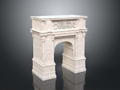 Stone Archway with Carved Inscriptions and Classical Design on Reflective Black Surface 3d model