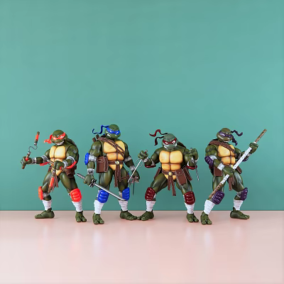 Decorative Figurine Set Four Teenage Mutant Ninja Turtles Colored Gear Holding Weapons Green Wall Background 3d model