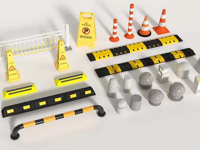 Road Facilities With Traffic Cones Guardrails Speed Bumps Barriers And Warning Signs For Safety 3d model