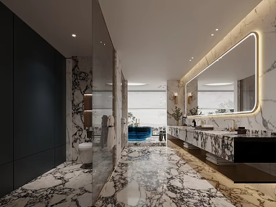 Modern Luxury Bathroom Design With Marble Accents And Lit Mirror 3d model
