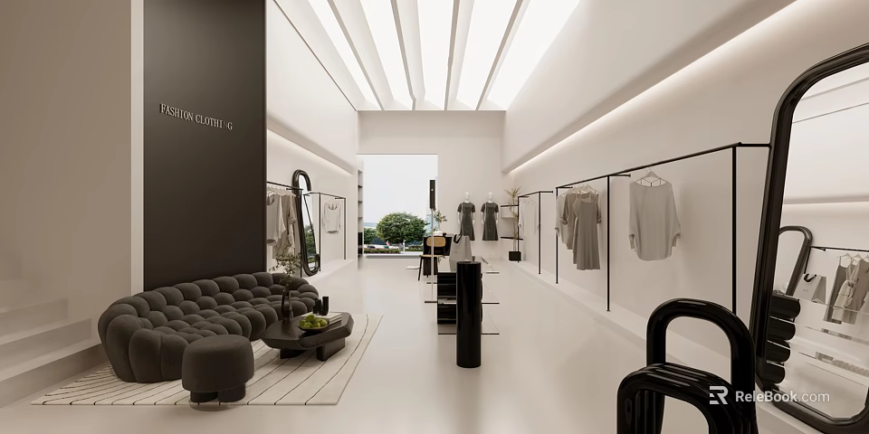 Modern Clothing Store Interior With Hanging Garments And Sofa Seating 3d model 