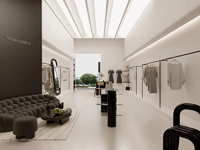 Modern Clothing Store Interior With Hanging Garments And Sofa Seating 3d model