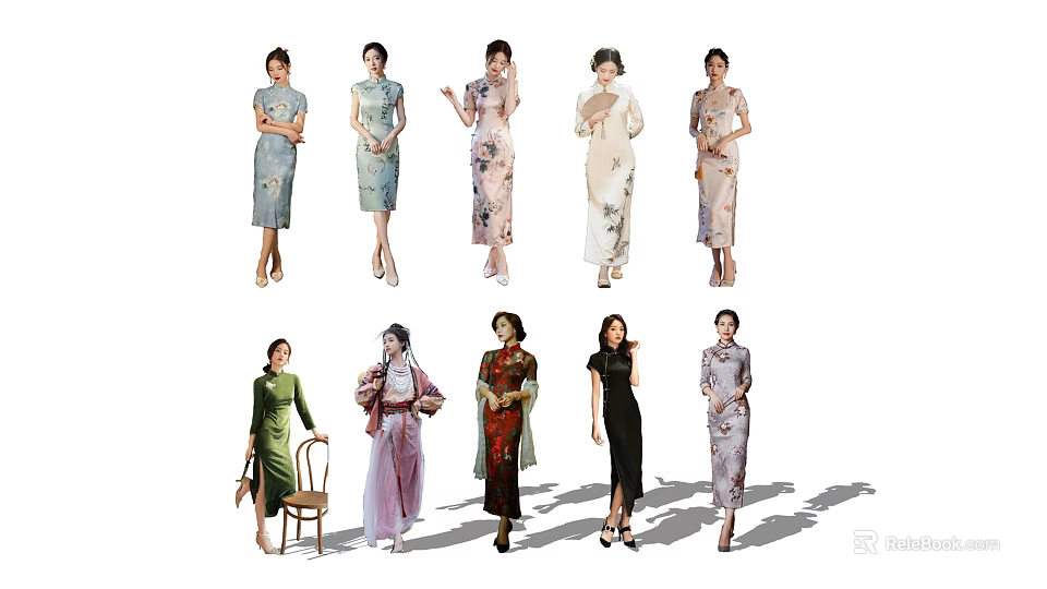 Multiple Women Wearing Traditional Qipao Dresses Showcasing Elegant Styles And Colors 3d model 