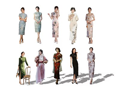Multiple Women Wearing Traditional Qipao Dresses Showcasing Elegant Styles And Colors 3d model