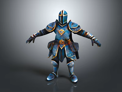 3D Knight Armor Model With Blue And Gold Decorative Details In Standing Pose 3d model