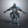 3D Knight Armor Model With Blue And Gold Decorative Details In Standing Pose