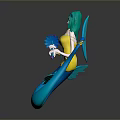 3D Mermaid Character With Green Hair Yellow Top And Blue Tail Holding Weapons