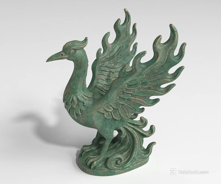 Bronze Phoenix Landscape Sculpture With Flame Shaped Wings And Decorative Base 3d model 