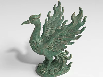 Bronze Phoenix Landscape Sculpture With Flame Shaped Wings And Decorative Base 3d model