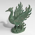Bronze Phoenix Landscape Sculpture With Flame Shaped Wings And Decorative Base