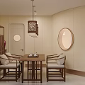 Chinese Style Hotel Lobby With Circular Reception Desk Patterned Lattice Backdrop And Wooden Chairs