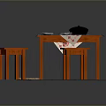 Wooden Table with Stools Red White Checkered Tablecloth Black Pot Plate Spoon Fork on Rug