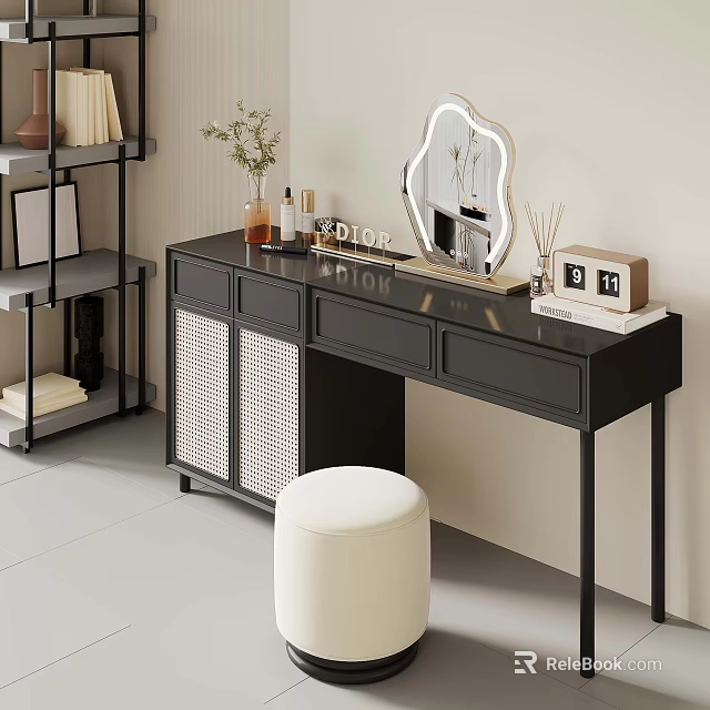 Black Dressing Table With White Stool Mirror And Decorative Shelf Interior Setup 3d model