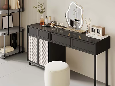 Black Dressing Table With White Stool Mirror And Decorative Shelf Interior Setup 3d model